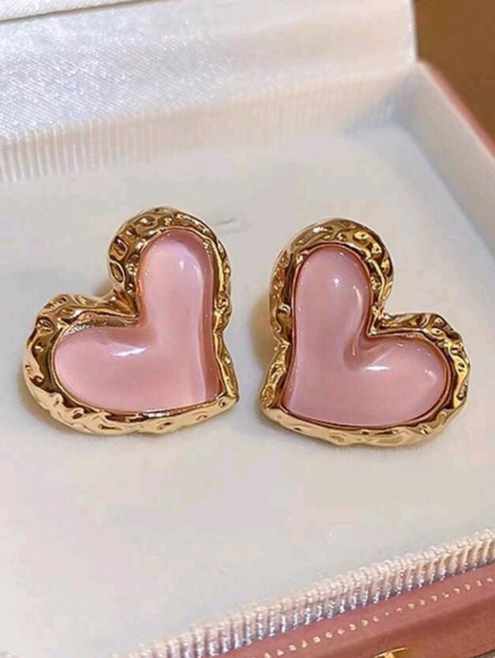 NEW! 14k Gold Plated Chic Pink Puffy Heart Gold-Trim Stud Earrings-Women Jewelry